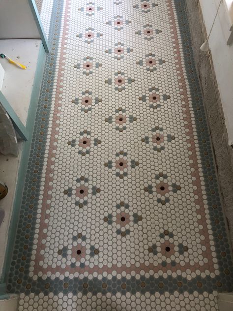 Victorian Bathroom Tiles, Hdb Kitchen, Hexagon Tile Pattern, Penny Tile Floors, Entryway Floor, Dream House Aesthetic, Victorian Tile, Entryway Flooring, Victorian Floor