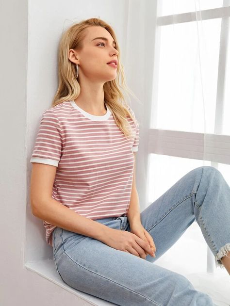 Striped Ringer Tee for Sale Australia| New Collection Online| SHEIN Australia Estilo Hip Hop, Ringer Tee, Short Sleeve Cropped Top, Shein Style, Trendy Fashion Women, Striped Tee, Concert Outfit, Casual Outfit, Boutique Clothing