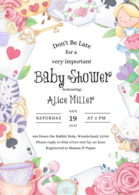 Start your Alice in Wonderland themed baby shower by inviting your guests for tea with the mad hatter with these cute watercolor baby shower invitations. Edit any of the text including the font to personalise your invite before downloading and printing. So quick and easy, you can have your baby shower invitations sorted in minutes! #maximalism #aliceinwonderland #cutealice #babyshowerideas #wonderlandtheme Mad Hatter Baby Shower Ideas, Alice In Wonderland Themed Baby Shower Ideas, Alice In Wonderland Baby Shower Ideas, Baby Shower Alice In Wonderland, Alice In Wonderland Invitations Template Free, Mad Hatter Tea Party Invitations Free, Birth Plan Checklist, Tea Party Baby Shower Invitations, Alice Tea Party