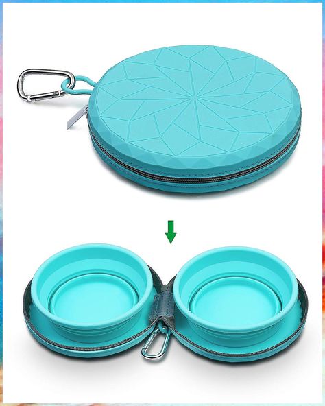 KALLAK Collapsible Silicone Twin Dog Bowls with Zipper Silicone Case, Foldable Travel Dog Bowls, Expandable Cup Dish, No Spil Silicone Dog Bowl, Pet Room, Collapsible Dog Bowl, Pet Camping, Collapsible Bowl, Travel Dog Bowl, Travel Dog, Animal Room, Carabiner Clip