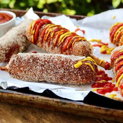 Korean Hot Dog Recipe, Vegan Corn Dogs, Sausage On A Stick, Korean Corn, Vegan Hot Dog, Corndog Recipe, Corn Dog, Hot Dog Recipes, Party Food Platters