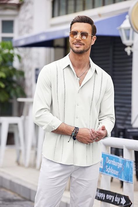 A stylish presentation of COOFANDY Men's Cuban Guayabera Shirt with long sleeves, a classic button-down shirt crafted from breathable linen for comfort. Versatile for beach outings and casual occasions. Elevate your wardrobe with COOFANDY's timeless style. Click to shop the COOFANDY Collection! #COOFANDYstyle #MensFashion #CasualElegance Mens Guayabera Shirts, Cuban Guayabera, Mens Beach Shirts, Men Linen Shirt, Guayabera Shirt, Men's Formal Style, White Shirt Men, American Casual, Shirts Long Sleeve