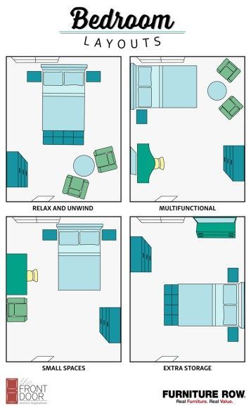 This Bedroom Layout Guide has four bedroom layouts to show how to arrange your bedroom furniture. Maximize relaxation, storage, and small spaces in style! Queen Bedroom Decor Ideas, Matching Furniture Bedroom, Modern Bedroom Small Spaces, Apartment Storage Ideas Bedroom, How To Arrange A Small Bedroom, Small Bedroom Ideas Layout, 12x12 Bedroom Layout, Bed Layout Ideas, How To Paint Bedroom