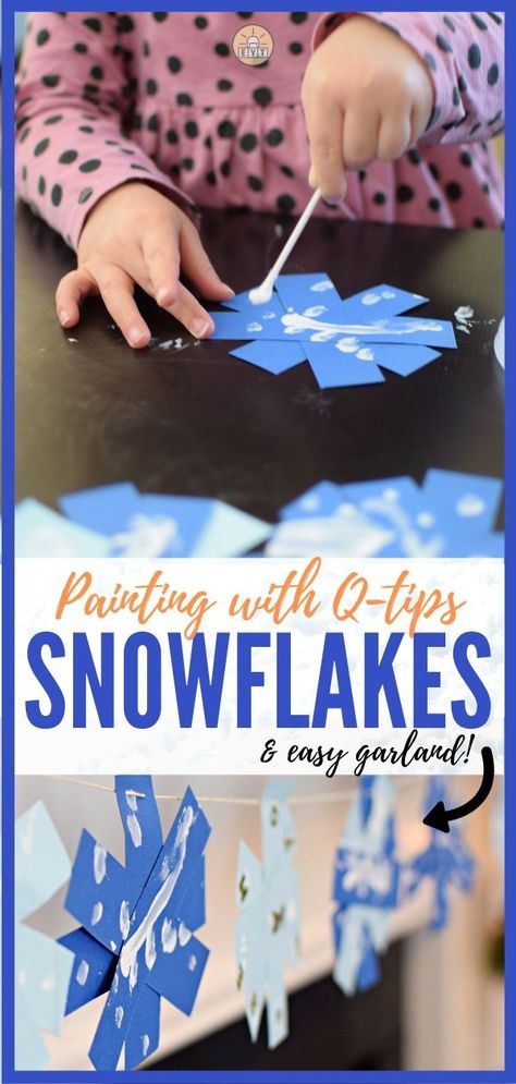 Painting with Q-tips is the perfect way to keep toddlers busy this winter. This easy snowflake painting craft can then easily be made into a garland that we even hung in our house above the fireplace mantel! Try it out yourselves and be sure to share a picture of how it turned out! #toddlers #toddleractivities #kids #kidsactivities #indooractivities #winteractivities #EntertainYourToddler Easy Garland, Keep Toddlers Busy, Winter Crafts For Toddlers, Garland Craft, Winter Crafts Preschool, Snow Crafts, Weather Crafts, Winter Activities Preschool, January Crafts