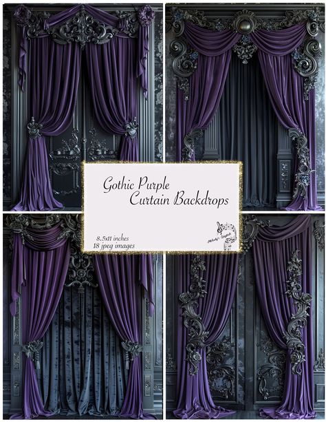 Gothic Photo Backdrop, Goth House Interior Home Decor, Gothic Curtains Victorian, Gothic She Shed, Gothic Drapes, Victorian Library Aesthetic, Gothic Garland, Purple Gothic Bedroom, Goth House Interior