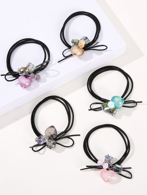 Multicolor Casual   Elastic  Decorative Hair Tie Embellished   Women Accessories Elastic Hair Ties Diy, Hair Cuff, Hair Ties Diy, Hair Tie Accessories, Hair Cuffs, Heart Decor, Kawaii Stuff, Elegant Saree, Elastic Hair Ties