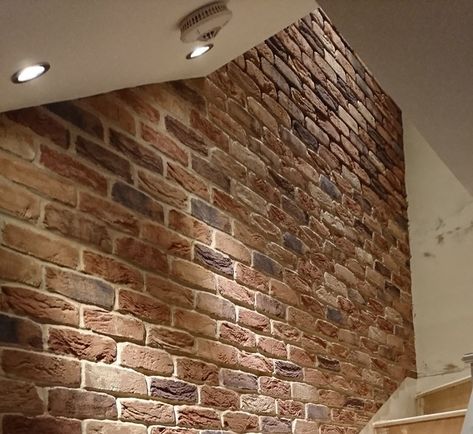 Brick Slip Bedroom Wall, Brick Slips Bedroom, Brick Slip Wall, Brick Cladding Interior, Feature Brick Wall, Brick Hallway, Victorian Terrace Hallway, Terrace Hallway, Brick Bedroom