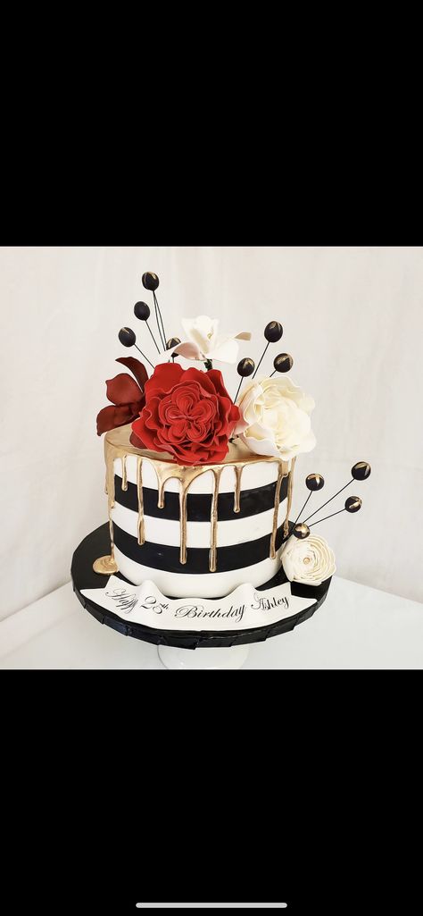 21st Birthday Cake Black And White, 39 Birthday Cake For Women, 39th Birthday Ideas For Women Cake, Red Black White Cake, 39th Birthday Cake, 25th Cake, 30th Birthday Cake For Women, Black And Gold Birthday Cake, 50th Birthday Cake For Women