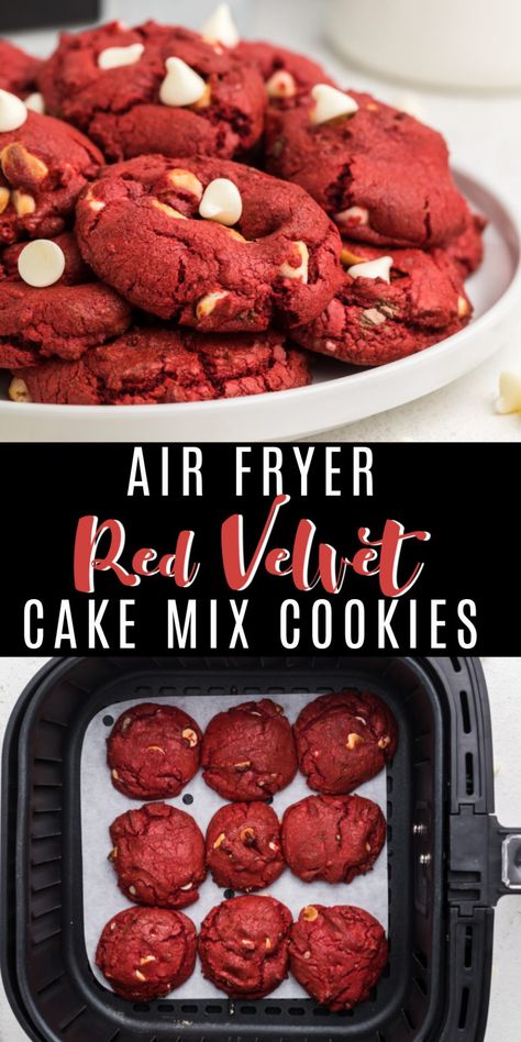 Red Velvet Chocolate Chip Cookies, Red Velvet Cake Mix Cookies, Red Velvet Cookie Recipe, Air Fryer Cake Recipes, Red Velvet Chocolate, Air Fryer Recipes Dessert, Velvet Cookies, Red Velvet Cake Mix, Air Fried Food