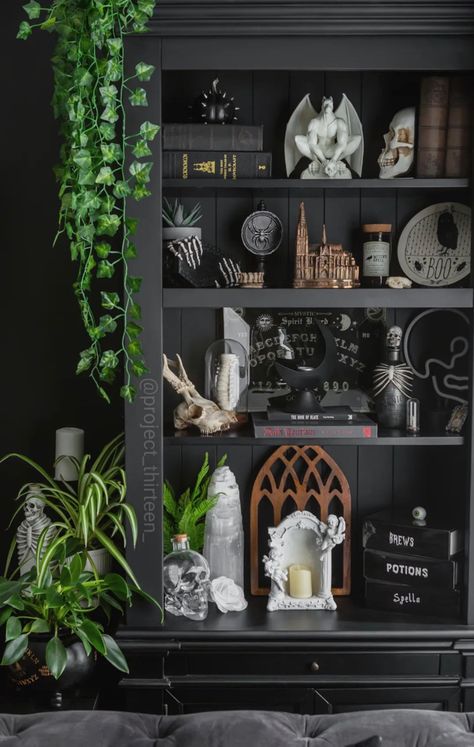 Gothic Apothecary Decor, Dark Academia Aesthetic House Decor, Goth Office Ideas, Modern Goth Living Room, Apothecary Living Room, Southern Gothic Home Decor, Goth Living Room Modern, Garage Halloween Party, Modern Goth Home