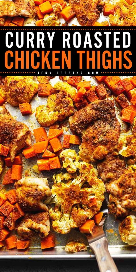 This Curry Roasted Chicken Thighs with Butternut Squash and Cauliflower is a cozy dinner recipe that's keto-friendly and will be a hit of your family gatherings. Pin this simple Fall recipe! Chicken Butternut Squash Casserole, Chicken And Butternut Squash Recipes, Recipe Using Butternut Squash, Butternut Squash And Cauliflower, Chicken Squash, Butternut Squash Casserole, Easy Fall Dinners, Homemade Pizza Crust, Keto Kitchen