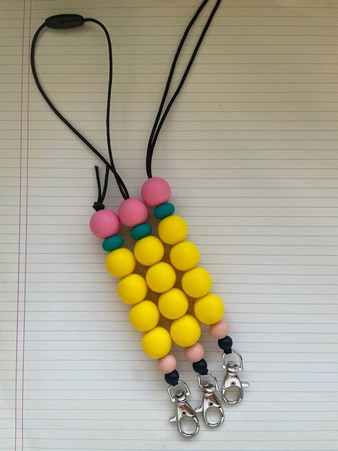 Pencil Bead Lanyard, Beaded Pencil Keychain, Teacher Lanyard Ideas, Polymer Clay Teacher Lanyard, Educator Appreciation, Ticonderoga Pencil, Teacher Lanyard Beaded, Teacher Lanyard Silicone Beads, Wristlet Keychains