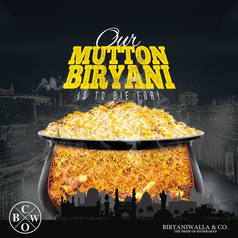 Indeed! Our mouthwatering, tempting, and flavorsome mutton biryani is something to die for. Why? Visit Al Nahda branch to get the answer.    #Biryaniwallaco #hyderabadibiryani #dubai #aromas #prideofhyderabad #MuttonBiryani #MouthwateringGoodness Biryani Social Media Post, Biryani Creative Ads, Biryani Photography, Biryani Poster, Square Burger, Restaurant Quotes, Lamb Biryani, India Palace, Shop Banner Design