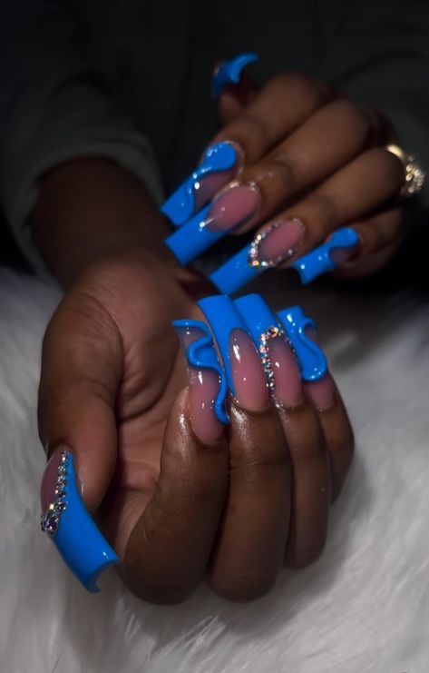 Short Nails Extra, Extra Baddie Nails, Baddie Nail Ideas, Crazy Acrylic Nails, Curved Nails, Acrylic Toe Nails, Duck Nails, Blue Acrylic Nails, Nails Design With Rhinestones