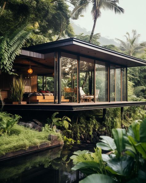 Sö Habitats (@sohabitats) • Fotos y videos de Instagram Tropical Cabin Design, Tropical Mountain House, Modern Jungle House, Tropical Wood House, Rainforest House Aesthetic, Modern Rainforest House, Jungle House Architecture, Tropical Forest House, Tropical Climate House Design