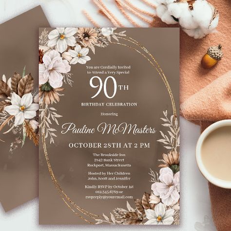 Background Frames, 90th Birthday Invitations, 70th Birthday Invitations, Rustic Birthday, Floral Birthday Invitations, Fall Bouquet, 80th Birthday Invitations, Autumn Watercolor, Calligraphy Text