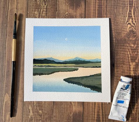 Painting Of A Painting, Simple Gouache Landscape, Sea Gouache Painting, Gouache Easy, Mini Landscape Paintings, Simple Landscape Paintings, Simple Gouache Painting, Paint With Gouache, Paintings Simple