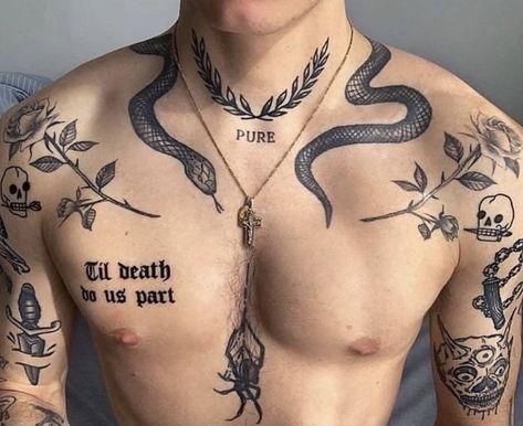 Tattoos Torso, Hals Tattoo Mann, Herren Hand Tattoos, Pola Tato, Small Chest Tattoos, Torso Tattoos, Grunge Tattoo, Cool Chest Tattoos, Neck Tattoo For Guys