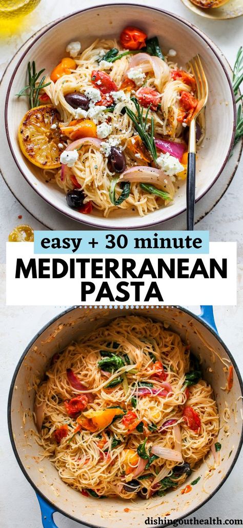 Healthy Mediterranean Pasta, Diet Pasta Recipes, Mediterranean Spaghetti, Mediterranean Diet Recipes Breakfast, Burst Tomatoes, Diet Pasta, Dishing Out Health, Pasta Easy, Creamy Feta