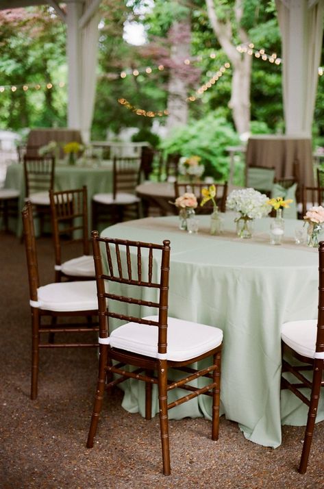 Garden Wedding Venue |  Outdoor Sage Green and Burlap Reception- Photo: JHenderson Studios Wedding Table Cloths, Lit Trees, Green Wedding Inspiration, Wedding Mint Green, Green Tablecloth, Wedding Table Linens, Wedding Tablecloths, Simple Centerpieces, Garden Wedding Decorations