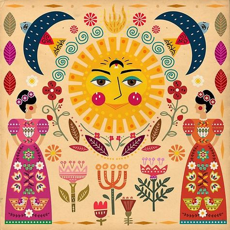 Folk Art Inspired By The Fabulous Frida #Folk #FridaKahlo #Sunshine #Sun #Summer #Birds #Garden Sun Folk Art, Mexican Folk Art Painting, Summer Birds, Birds Garden, Folk Illustration, Modern Folk Art, Frida Art, Arte Folk, Stamp Ideas