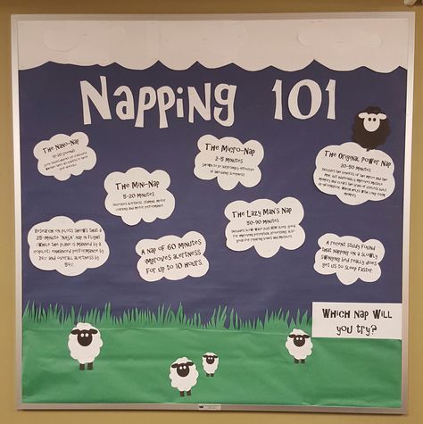 Napping 101 - Bulletin Board - made by Samantha Gillihan Nap Time Bulletin Boards, Bulliten Board Ideas College, Educational Bulletin Board Ideas, Bulletin Board Design Classroom, Bulliten Board Design, Wellness Bulletin Boards, College Bulletin Board Ideas, Aesthetic Bulletin Board, Ra Event Ideas