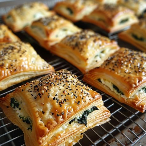 🌱🧀 Cream Cheese Spinach Puffs, your new favorite snack! Fluffy, cheesy, and packed with greens! #SnackAttack Cream Cheese Spinach Puffs Ingredients: Puff pastry sheets (1 package (400 g)) Cream cheese, softened (1 cup (225 g)) Spinach, cooked and drained (1 cup (150 g)) Onion, finely chopped (1/2 cup (75 g)) Garlic, minced (1 tsp (5 g)) Egg, beaten (1 for egg wash) Salt and pepper to taste Instructions: Mix cream cheese, spinach, onion, garlic, salt, and pepper. Cut puff pastry into squar... Egg And Cheese Puff Pastry, Puff Pastry Egg Souffle, Egg Puff Recipe Indian, Spinach And Feta Puffs, Spinach Feta Cheese Puff Pastry, Spinach Cooked, Spinach Puffs, Spinach Puff, Egg Puff