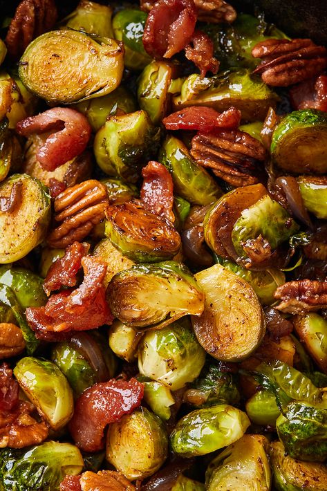 Roasted Brussels Sprouts And Pears, Bacon Pecan Brussels Sprouts, Candied Bacon Brussel Sprouts, Carmalized Brussel Sprout Recipes, Candied Brussel Sprouts With Bacon, Candied Brussel Sprouts, Crispy Brussel Sprouts With Bacon, Southern Veggies, Roasted Brussel Sprouts With Bacon