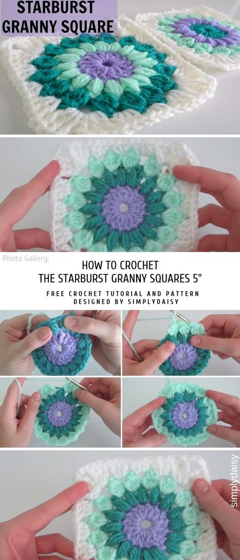 How to Crochet the Starburst Granny Squares 5" - Starburst Granny Square, Motifs Granny Square, Granny Square Haken, Confection Au Crochet, Crochet Blocks, Crochet Simple, Granny Square Blanket, Crochet Square Patterns, Granny Squares Pattern