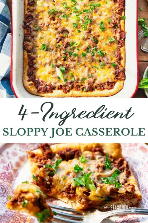 This 4-ingredient crescent roll Sloppy Joe casserole comes together in just minutes for an easy weeknight dinner! It’s a simple one dish meal that you will turn to again and again when you need to feed your family…fast. Crescent Roll Casserole, Recipes Using Crescent Rolls, Homemade Sloppy Joe Sauce, 3 Ingredient Dinners, Easy Casseroles, Sloppy Joe Casserole, Sloppy Joes Easy, Homemade Sloppy Joes, The Seasoned Mom