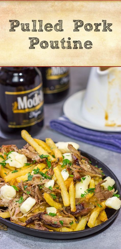 Pulled Pork Poutine | Fries topped with gravy + cheese curds + pulled pork! Canadian Poutine Recipe, Poutine Recipes, Cheese Curds Recipe, Poutine Fries, Parmesan Truffle Fries, Poutine Recipe, Canadian Recipes, Canadian Dishes, French Party