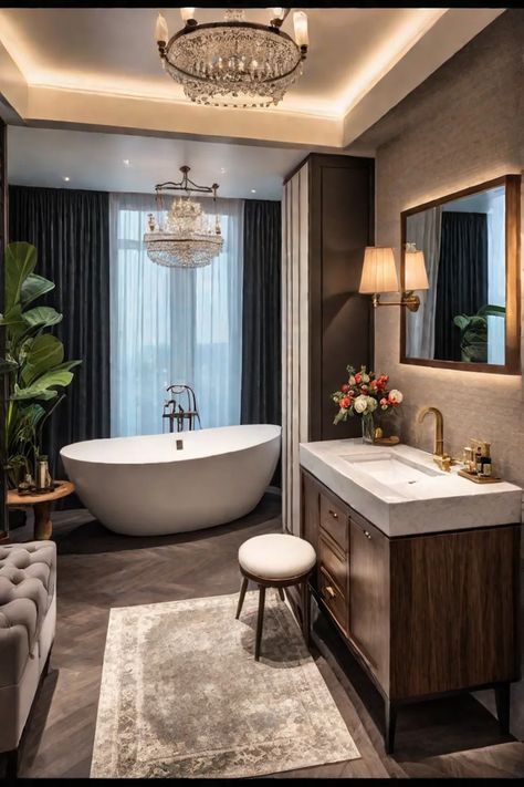 Cozy and inviting bathroom design Master Bath Ideas Transitional, Master Bath Dark Floor, Bathroom With Bench, Spa Master Bath Ideas, Traditional Master Bath, Spa Master Bath, Before After Bathroom, Inviting Bathroom, Amazing Master Bathrooms