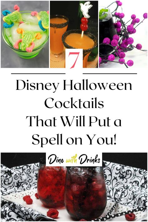 Collage of 4 disney halloween cocktails. Disney Villan Cocktail, Disney Villains Drinks, Disney Villain Cocktails, Disney Mocktail, Halloween Movie Cocktails, Haunted Mansion Drinks, Villain Cocktails, Disney Villain Food, Disney Themed Cocktails