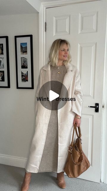 Claire Lopez on Instagram: "Winter dresses… Knitted dresses have been big this season so here are 5 different outfit ideas with yours. One to save 📌 They’re another great warm option if you go for a more relaxed style thanks to the layering opportunities! Head to stories for a knit dress try on too. 🧶 Wear with flat chunky boots and maxi wool coats. 🧶 Or go for a leather jacket when it’s a bit warmer. 🧶 Swap in trainers and just hitch up your leggings! 🧶 Wear with your longline puffa coat for extra warmth and for a casual look. 🧶Dress up with a knee high heeled boot Knitted dresses @hm linked on stories and saved in Jan reels highlight Maxi coat @hm current and linked on stories Scarf @mintvelvet current and linked on stories Leggings/puffa/socks/nylon cross body bag @uniq Maxi Dress With Coat, Maxi Coat Outfit, Long Jacket Outfit, Dresses Knitted, Winter Boots Outfits, Knitted Dresses, Long Knitted Dress, Wool Coats, Winter Dress Outfits