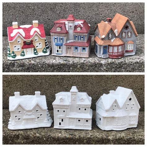 How To Paint Ceramic Christmas Houses, Christmas Village Painted White, Mexican Dollhouse, Thrift Store Christmas, Xmas Village, After Everything, Christmas Houses, Christmas Village Houses, Glitter Houses