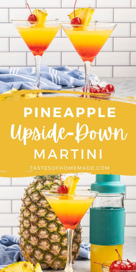 Pineapple Upside Down Cocktail, Pineapple Upside Down Cake Martini, Fruit Martini Recipe, Pineapple Upside Down Martini, Simple Sweet Cocktails, Pineapple Upside Down Martini Recipe, Simple Martini Recipes, Tropical Martini Recipe, Fruity Martini Recipes