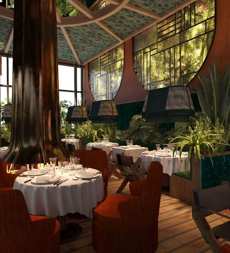 Sneak Peek: Award-Winning Interiors of Amazonico, Madrid’s Celebrity Hotspot Set to Open In Dubai Amazonico Dubai, Water Sculpture, Design Restaurant, Amazon River, New Interior Design, Bar Design Restaurant, Tree Sculpture, Restaurant Interior Design, Rooftop Terrace