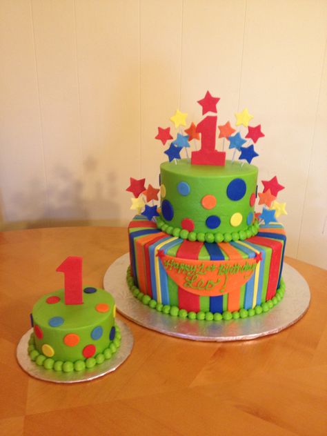 Bright Colored Cakes | bright color 1st birthday cake « Main Made Custom Cakes Bright Birthday Cakes, Bounce House Birthday, Birthday Cake Writing, Polka Dot Birthday, 1st Birthday Cakes, Baby Boy Cakes, Baby Birthday Cakes, Childrens Birthday Cakes, Cake Cupcakes