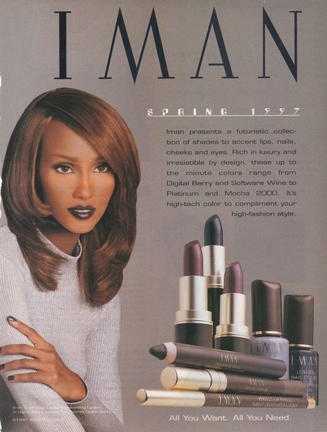 90s Makeup Magazine, 90s Makeup Ads, 1990s Advertisements, Makeup Looks 90s, Looks 90s, Iman Model, 2000s Makeup Looks, Makeup 90s, 90s Makeup Look