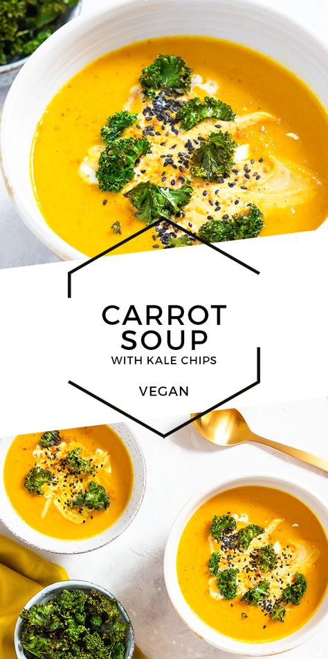 Oriental Carrot Soup with Kale Chips Carrot Kale Soup, Vegetable Soup Kale, Kale Carrot Soup, Vegan Soup With Kale, Chicken Soup With Kale And Carrots, Carrot Ginger Curry Soup, Rotation Diet, Recipes Cheap, Soup With Kale