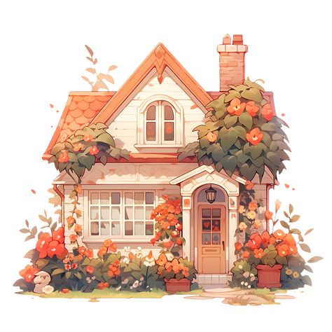 Cozy Cottage with Summer Flowers in Rustic and Cottagecore Style Sticker Home Watercolor Illustration, Cottage Homes Drawing, Cute Apartment Drawing, Drawing Of Cottage, Cute Cottage House Drawing, Cottage Home Drawing, Summer House Illustration, Small Aesthetic House Exterior, How To Draw A Cottage