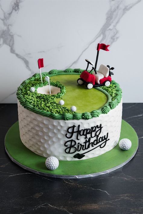 Luxury in Every Slice: Sophisticated Gold Birthday Cake Golf Cakes For Men Birthdays, 30th Birthday Party Food, Golf Grooms Cake, Gold Frosting, Gold Icing, 60th Birthday Cake For Men, Golf Birthday Cake, Cake For His Birthday, Sports Birthday Cakes