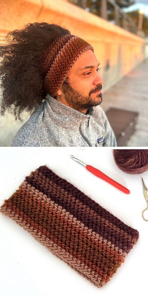 a man wearing a crochet headband in brown Crochet Headband For Men, Crochet Stuff For Men, Crochet Items For Men, Things To Crochet For Men, Crochet For Him, Crochet Ideas For Men, Crochet Projects For Men, Earwarmer Crochet Pattern, Mens Headband