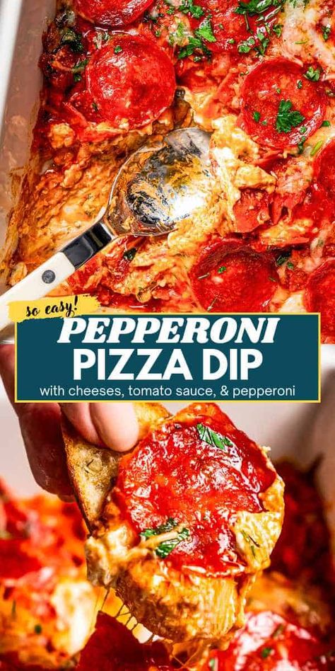 Warm and gooey pepperoni pizza dip is the ultimate party appetizer! Change up this saucy, cheesy dip recipe with your favorite pizza toppings. #pizzadip #gameday #appetizer Hot Honey Pepperoni Pizza Dip, Snacks With Pepperoni, Hot Honey Pizza Dip, Warm Dips Recipes, Pepperoni Appetizers, Easy Pizza Dip, Diethood Recipes, Cheesy Dip Recipes, Pepperoni Dip