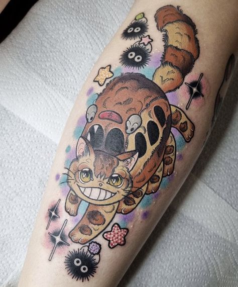 Cat Bus Tattoo Studio Ghibli, Cat Bus Tattoo, Ghibli Tattoo Sleeve, Bus Tattoo, Ghibli Tattoos, Cat Bus, Studio Ghibli Tattoo, Ghibli Tattoo, Cartoon Tattoos