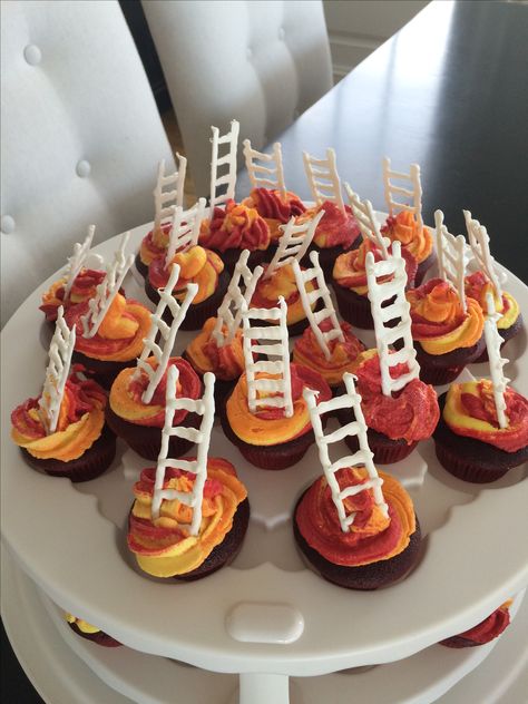 Fire Truck Birthday Cupcakes, Firetruck Cupcakes Ideas, Truck Birthday Cupcakes, Peach Treats, Fireman Cupcakes, Fire Truck Cupcakes, Fire Cupcakes, Fire Engine Birthday, Truck Cupcakes