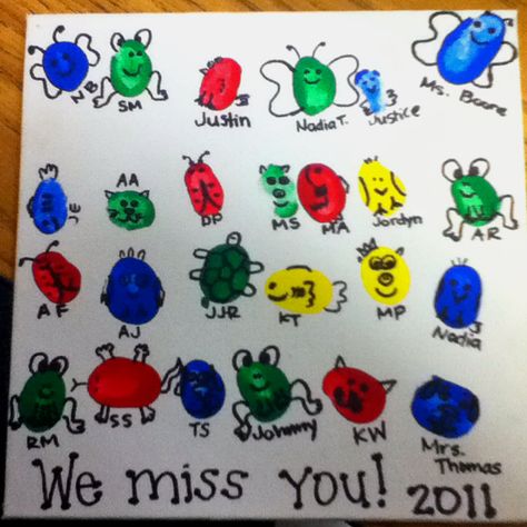 Going away present for a teacher! ... Children's thumbprint on canvas - then use a sharpie to make into an animal! Leaving Gifts For Students, Goodbye Cards For Students From Teacher, Farewell Cards For Teacher, Good Bye Cards For Kids, Preschool Goodbye Card For Kids, Teacher Leaving Card From Kids, Leaving Cards For Teachers, Leaving Cards For Children, Class Cards For Teachers Leaving