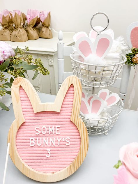 Easter Themed 3rd Birthday Party, Bunny Third Birthday, Bunny 3rd Birthday Party, Adopt A Bunny Birthday Party, Peep Party Ideas, Bunny Birthday Party Favors, Bunny Centerpieces Birthday Parties, Adopt A Bunny Party Favor, Bunny Party Games