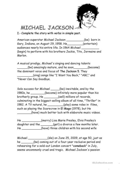 Michael Jackson Biography - English ESL Worksheets for distance learning and physical classrooms Esl Exercises, Michael Jackson Biography, Informational Text Graphic Organizer, Reading Skills Worksheets, 6th Grade Worksheets, Simple Past, Simple Past Tense, Reading Comprehension Lessons, 6th Grade Reading