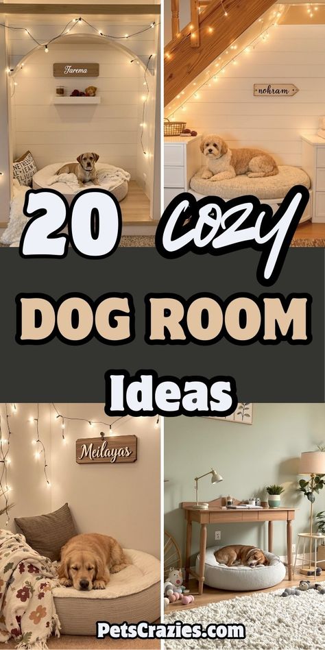 Studio Apartment Ideas With Dogs, Inside Dog Kennel Ideas House, Built In Dog House Under Stairs, Where To Put Dog Bowls In House, Dog Apartment Living Ideas, Dog Playroom Indoor, Dog Room Design Ideas, Garage Dog Room, Doggy Room Ideas Bedrooms